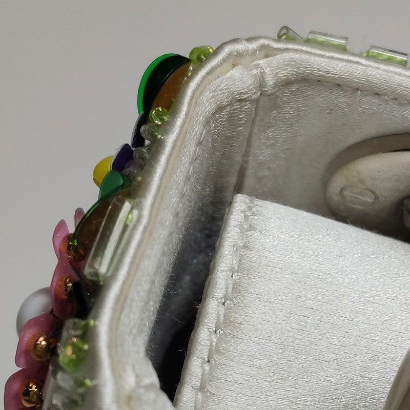 Christian Dior Floral-Sequined Mini Lady Dior Bag Off-White Satin Leather Silver Hardware