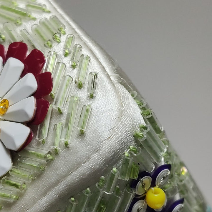 Christian Dior Floral-Sequined Mini Lady Dior Bag Off-White Satin Leather Silver Hardware