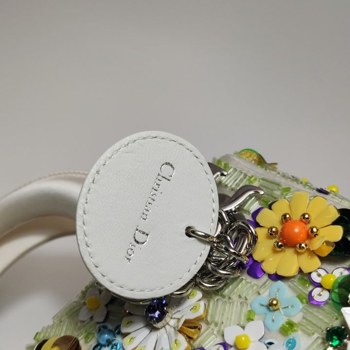 Christian Dior Floral-Sequined Mini Lady Dior Bag Off-White Satin Leather Silver Hardware