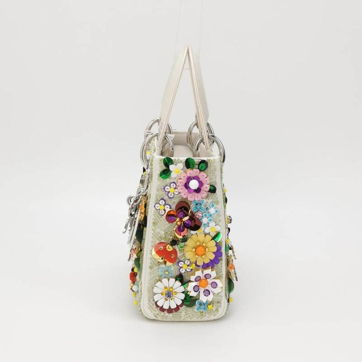 Christian Dior Floral-Sequined Mini Lady Dior Bag Off-White Satin Leather Silver Hardware