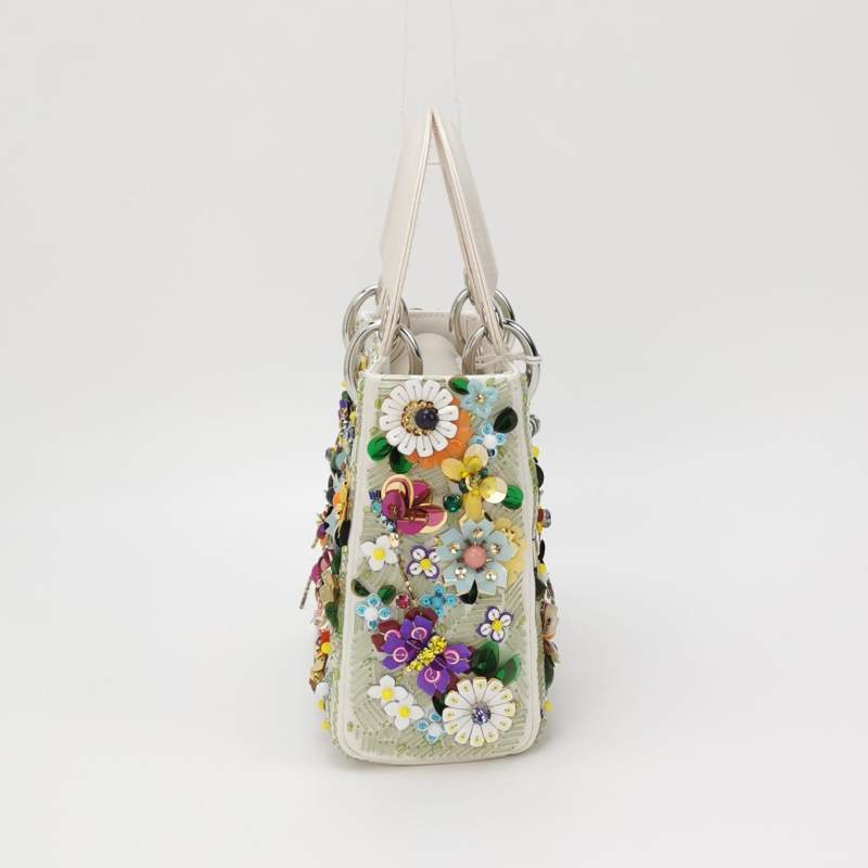 Christian Dior Floral-Sequined Mini Lady Dior Bag Off-White Satin Leather Silver Hardware
