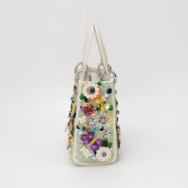 Christian Dior Floral-Sequined Mini Lady Dior Bag Off-White Satin Leather Silver Hardware