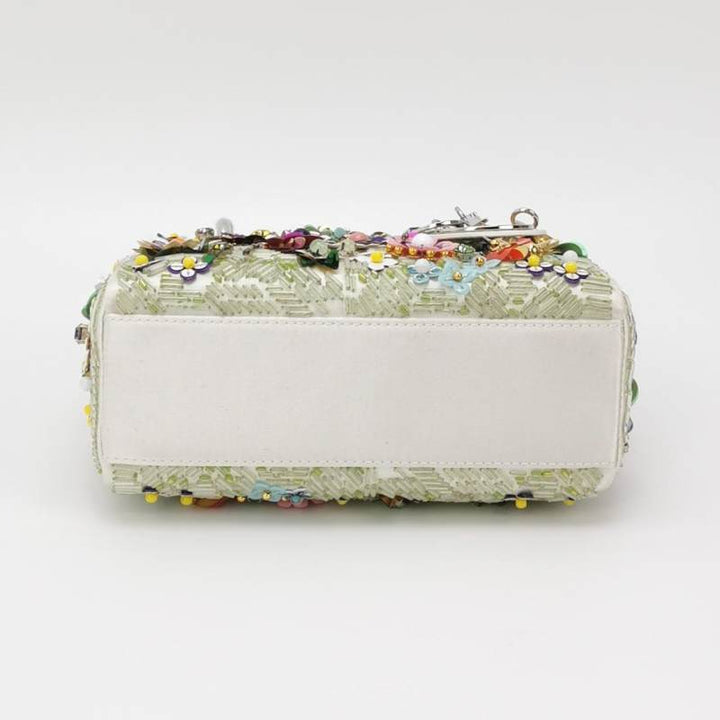 Christian Dior Floral-Sequined Mini Lady Dior Bag Off-White Satin Leather Silver Hardware