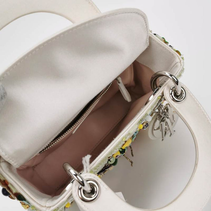 Christian Dior Floral-Sequined Mini Lady Dior Bag Off-White Satin Leather Silver Hardware