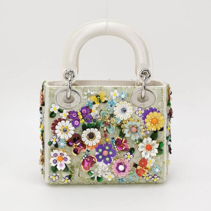 Christian Dior Floral-Sequined Mini Lady Dior Bag Off-White Satin Leather Silver Hardware