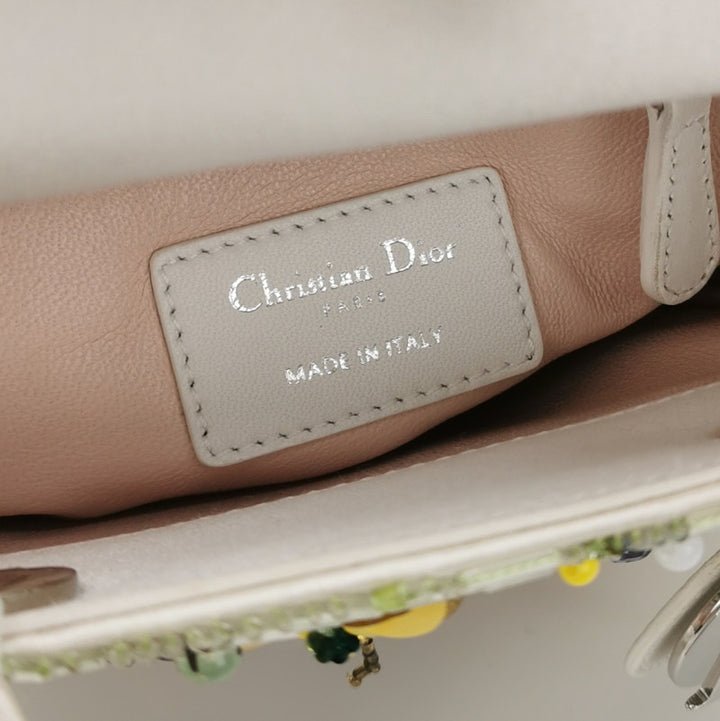 Christian Dior Floral-Sequined Mini Lady Dior Bag Off-White Satin Leather Silver Hardware
