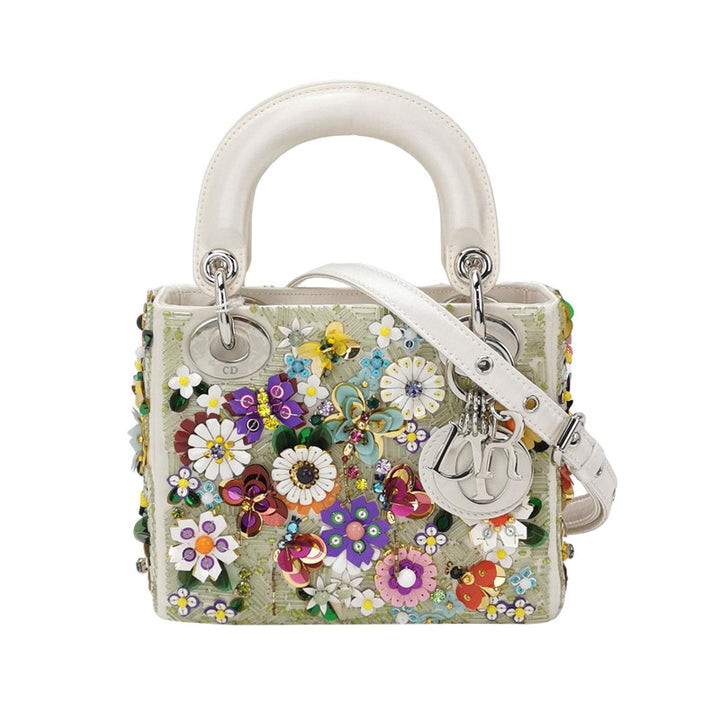 Christian Dior Floral-Sequined Mini Lady Dior Bag Off-White Satin Leather Silver Hardware