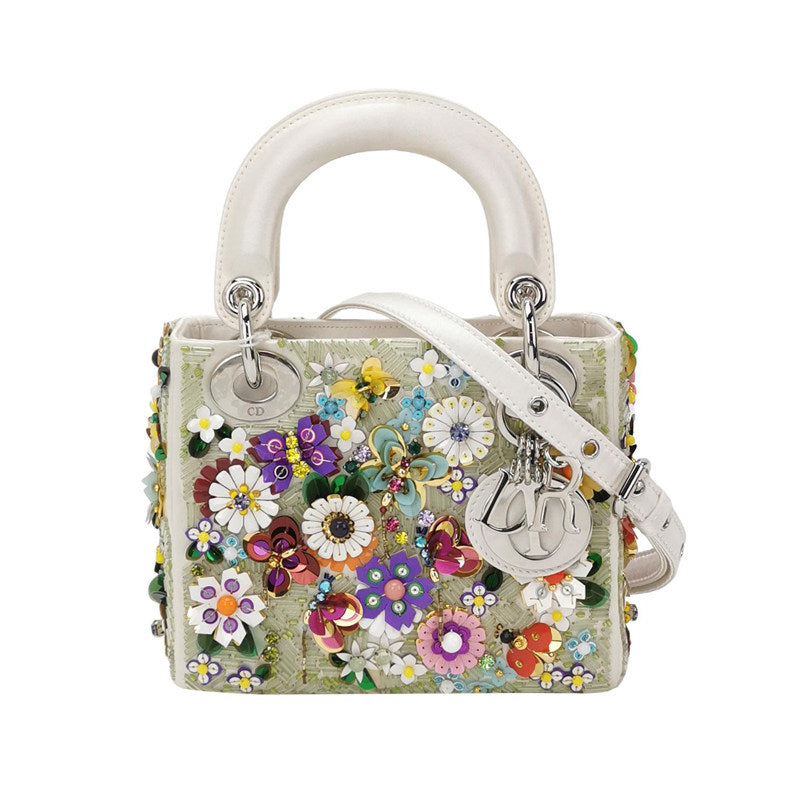Christian Dior Floral-Sequined Mini Lady Dior Bag Off-White Satin Leather Silver Hardware