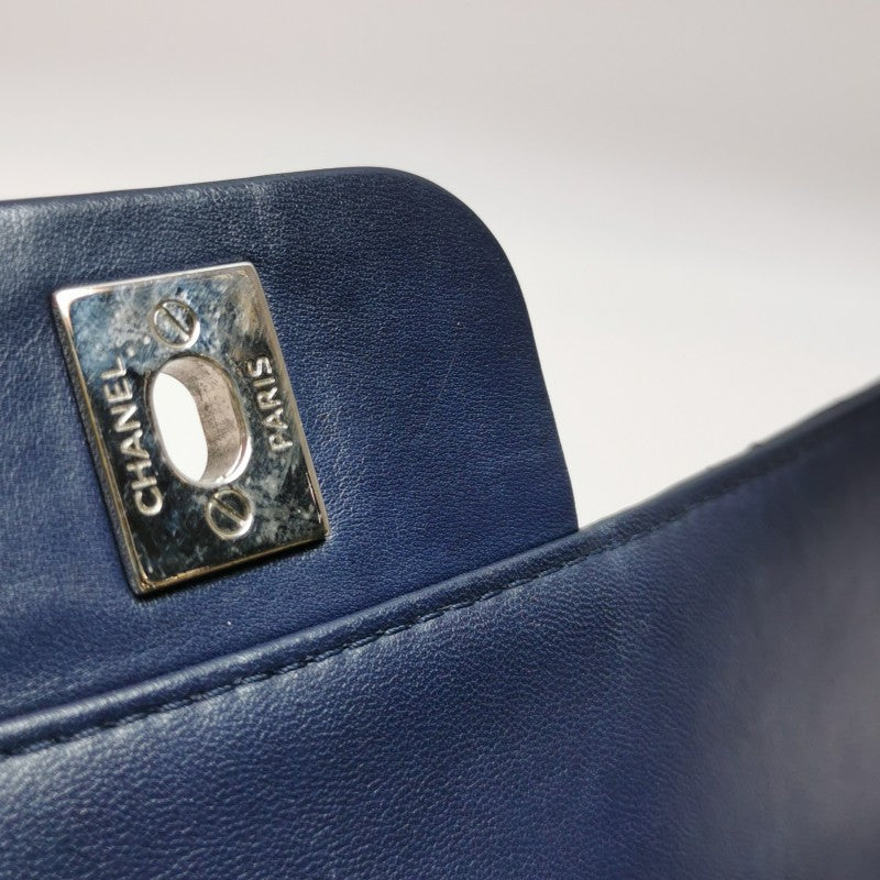 Chanel Classic Maxi Jumbo Flap Bag Navy Blue Lambskin Leather Silver Hardware