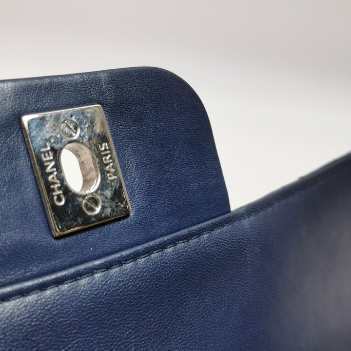 Chanel Classic Maxi Jumbo Flap Bag Navy Blue Lambskin Leather Silver Hardware