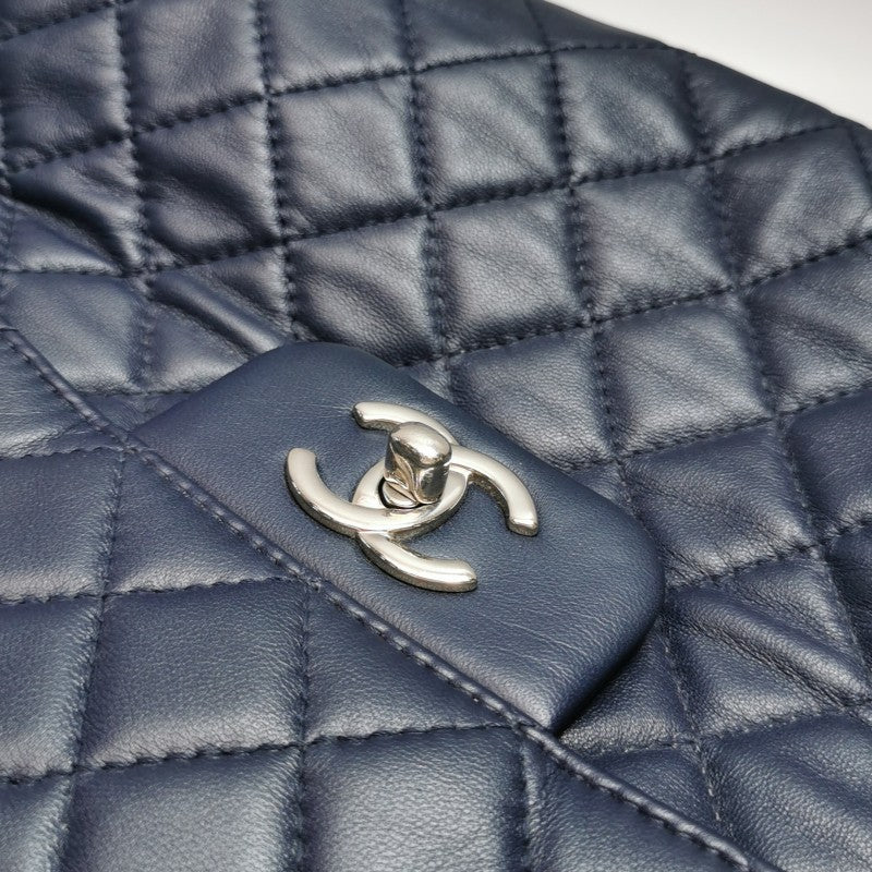 Chanel Classic Maxi Jumbo Flap Bag Navy Blue Lambskin Leather Silver Hardware