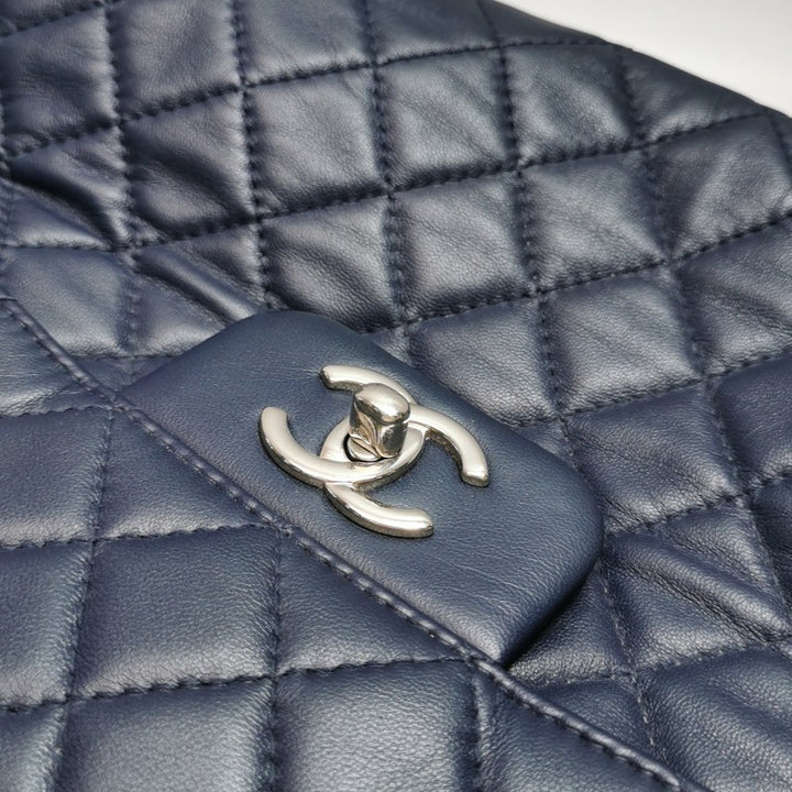 Chanel Classic Maxi Jumbo Flap Bag Navy Blue Lambskin Leather Silver Hardware