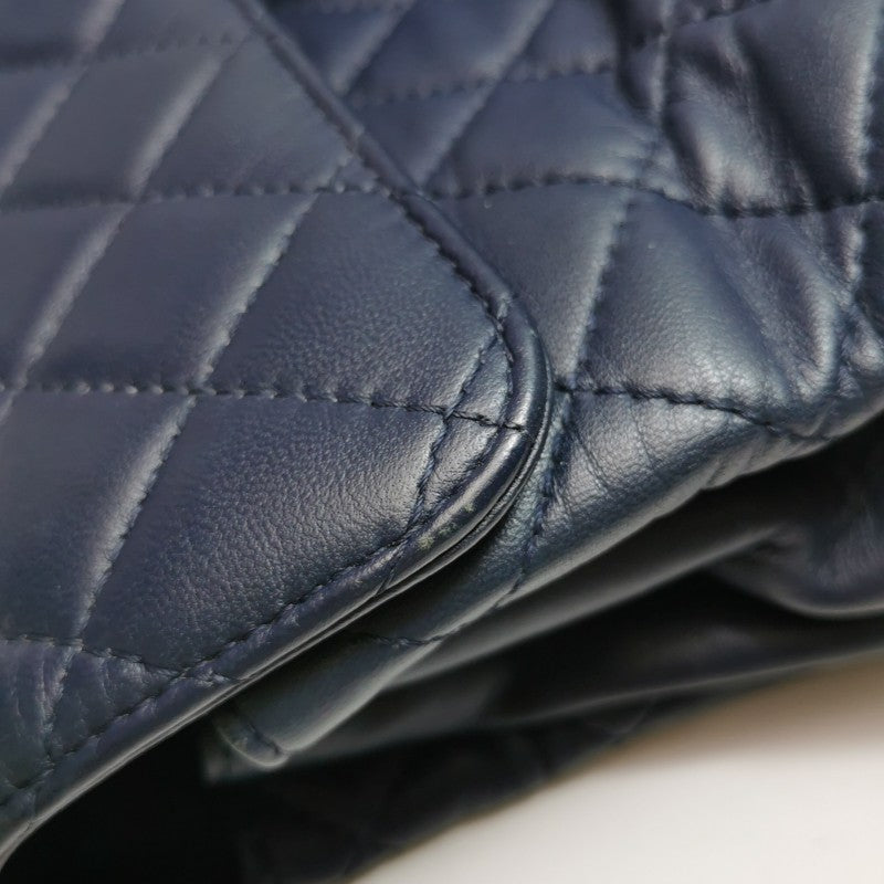 Chanel Classic Maxi Jumbo Flap Bag Navy Blue Lambskin Leather Silver Hardware