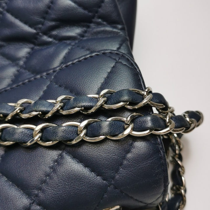 Chanel Classic Maxi Jumbo Flap Bag Navy Blue Lambskin Leather Silver Hardware