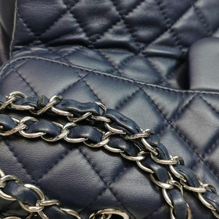 Chanel Classic Maxi Jumbo Flap Bag Navy Blue Lambskin Leather Silver Hardware