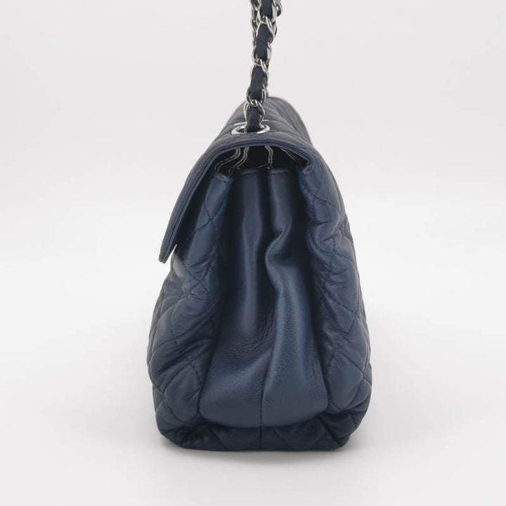 Chanel Classic Maxi Jumbo Flap Bag Navy Blue Lambskin Leather Silver Hardware