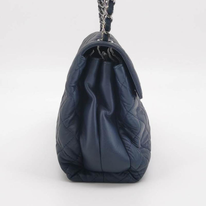 Chanel Classic Maxi Jumbo Flap Bag Navy Blue Lambskin Leather Silver Hardware