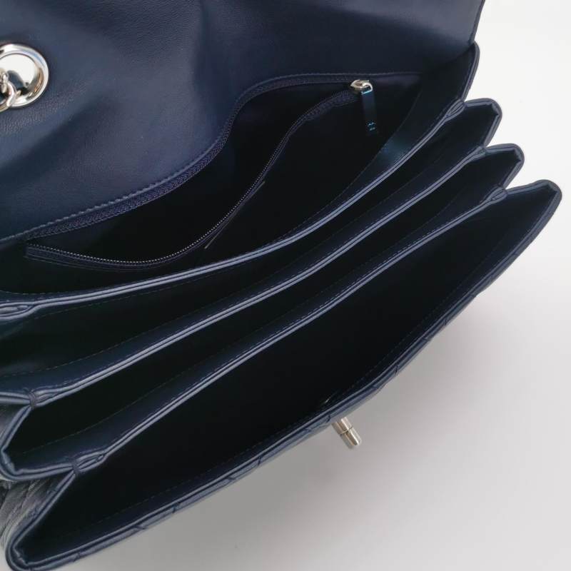 Chanel Classic Maxi Jumbo Flap Bag Navy Blue Lambskin Leather Silver Hardware
