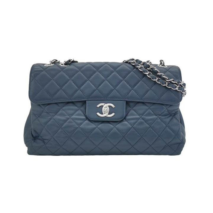 Chanel Classic Maxi Jumbo Flap Bag Navy Blue Lambskin Leather Silver Hardware