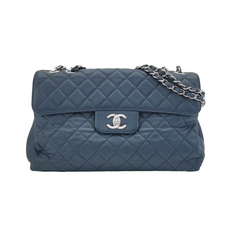 Chanel Classic Maxi Jumbo Flap Bag Navy Blue Lambskin Leather Silver Hardware