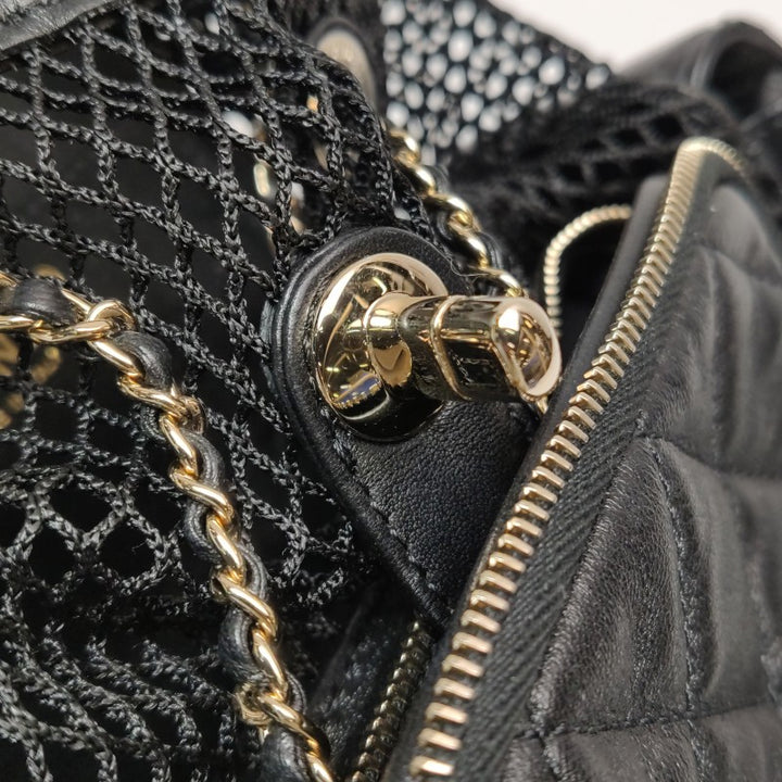 Chanel Small Shiny Lambskin Mesh Quilted Cargo Duma Backpack Black Gold Hardware