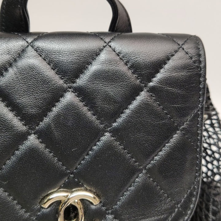 Chanel Small Shiny Lambskin Mesh Quilted Cargo Duma Backpack Black Gold Hardware