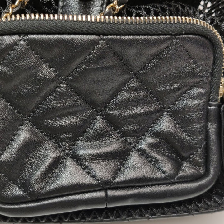 Chanel Small Shiny Lambskin Mesh Quilted Cargo Duma Backpack Black Gold Hardware