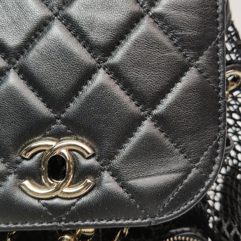 Chanel Small Shiny Lambskin Mesh Quilted Cargo Duma Backpack Black Gold Hardware