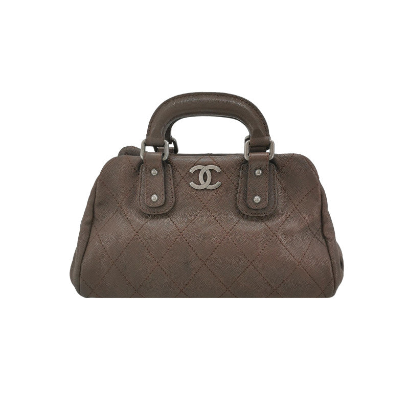 Chanel Vintage Wild Stitch Coco Mark Caviar Leather Mini Boston Bag Beige Silver Hardware