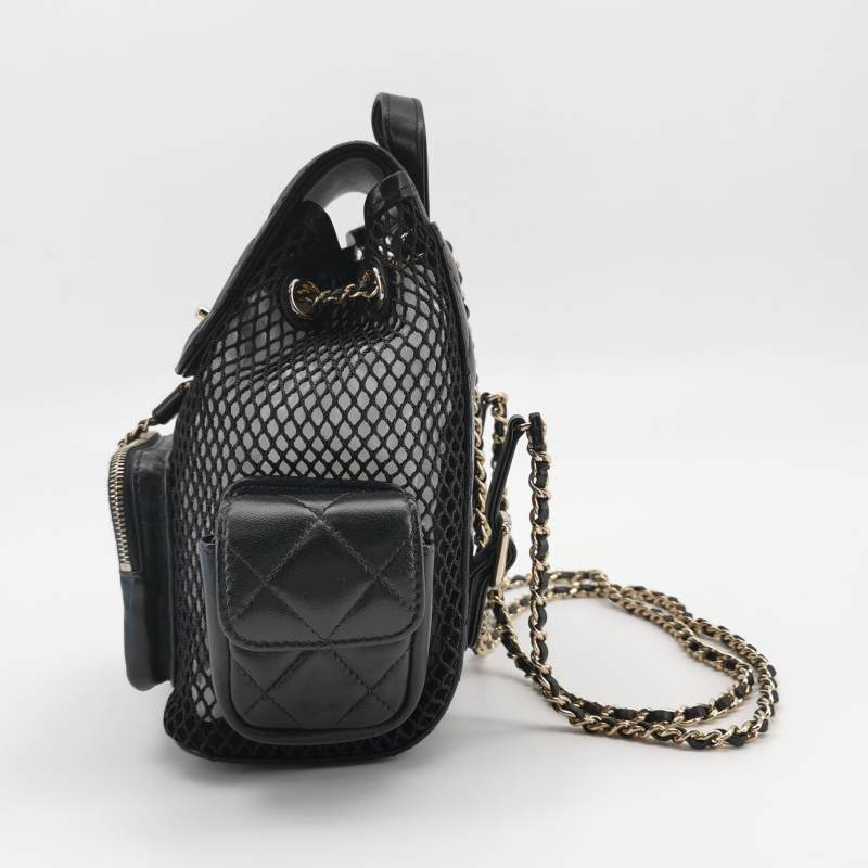 Chanel Small Shiny Lambskin Mesh Quilted Cargo Duma Backpack Black Gold Hardware