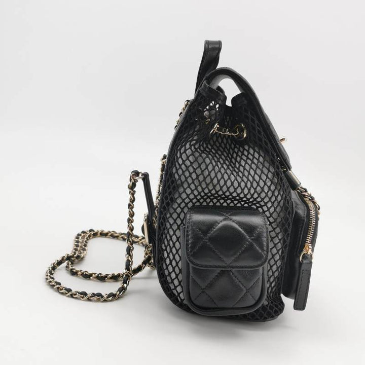 Chanel Small Shiny Lambskin Mesh Quilted Cargo Duma Backpack Black Gold Hardware