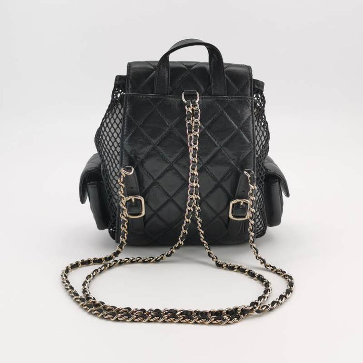 Chanel Small Shiny Lambskin Mesh Quilted Cargo Duma Backpack Black Gold Hardware