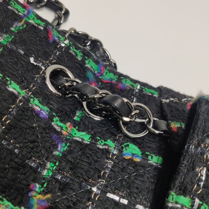 Chanel Black Multicolour Wool Tweed Camellia Flap Bag Dark Hardware