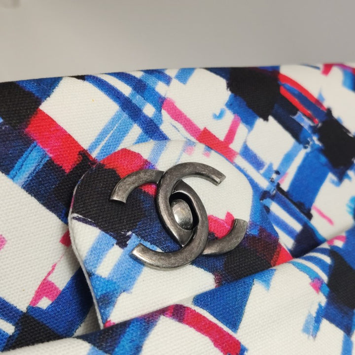 Chanel XXL Canvas Airline Printed Travel Flap Bag Blue Red White Silver Hardware