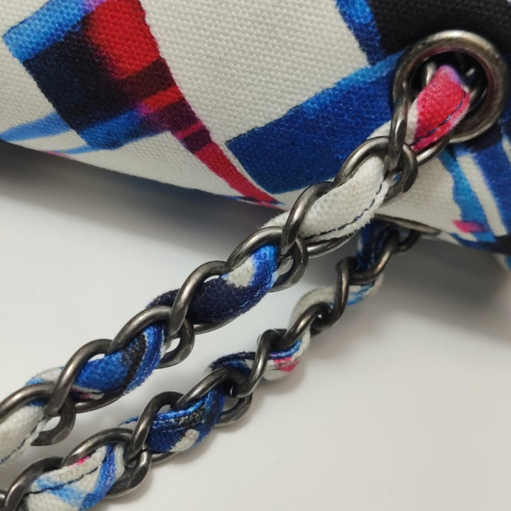 Chanel XXL Canvas Airline Printed Travel Flap Bag Blue Red White Silver Hardware