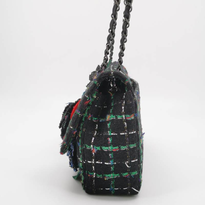 Chanel Black Multicolour Wool Tweed Camellia Flap Bag Dark Hardware