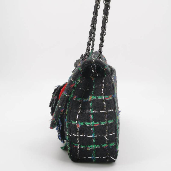 Chanel Black Multicolour Wool Tweed Camellia Flap Bag Dark Hardware