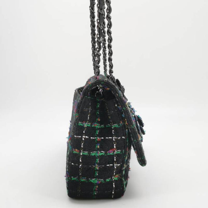 Chanel Black Multicolour Wool Tweed Camellia Flap Bag Dark Hardware