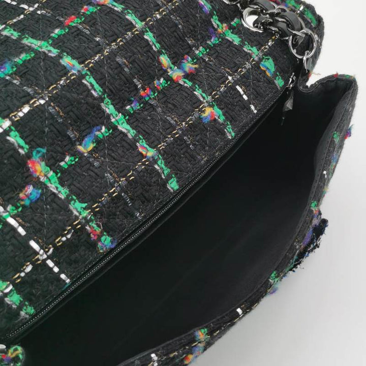 Chanel Black Multicolour Wool Tweed Camellia Flap Bag Dark Hardware