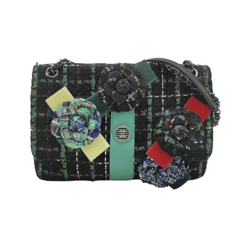 Chanel Black Multicolour Wool Tweed Camellia Flap Bag Dark Hardware