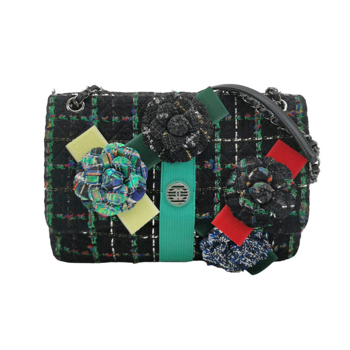 Chanel Black Multicolour Wool Tweed Camellia Flap Bag Dark Hardware