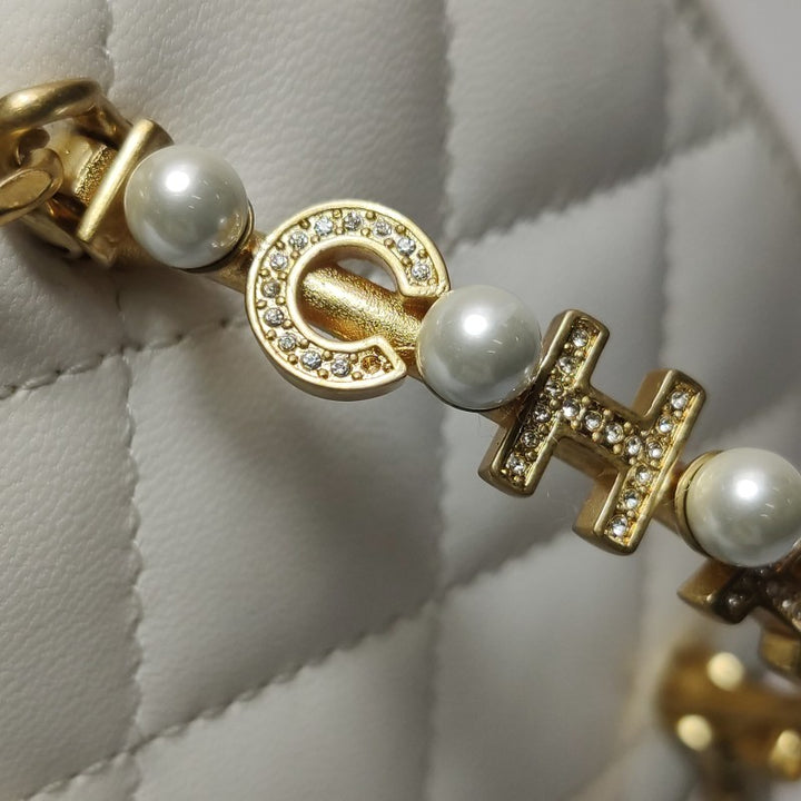 Chanel Micro Pearl Handle Vanity Case White Quilted Lambskin Gold Hardware