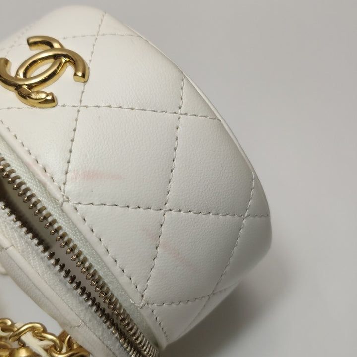 Chanel Micro Pearl Handle Vanity Case White Quilted Lambskin Gold Hardware
