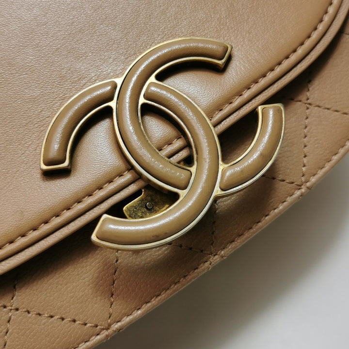 Chanel Small Coco Curve Flap Bag Caramel Beige Calfskin Leather Antiqued Gold Hardware