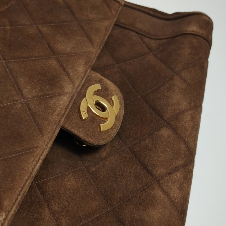 Chanel Large CC Quilted Suede Top Handle Flap Bag Brown Gold Hardware