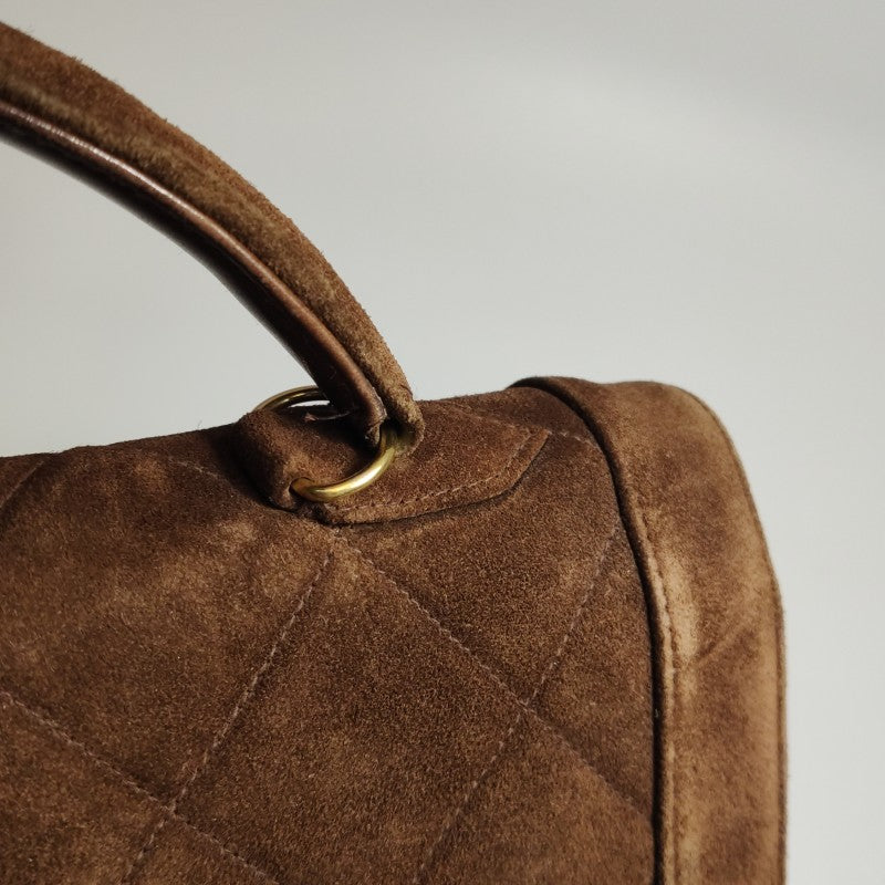 Chanel Large CC Quilted Suede Top Handle Flap Bag Brown Gold Hardware