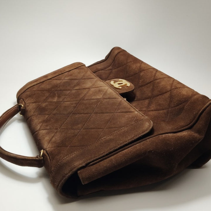 Chanel Large CC Quilted Suede Top Handle Flap Bag Brown Gold Hardware