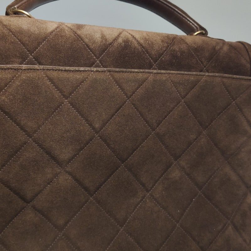 Chanel Large CC Quilted Suede Top Handle Flap Bag Brown Gold Hardware