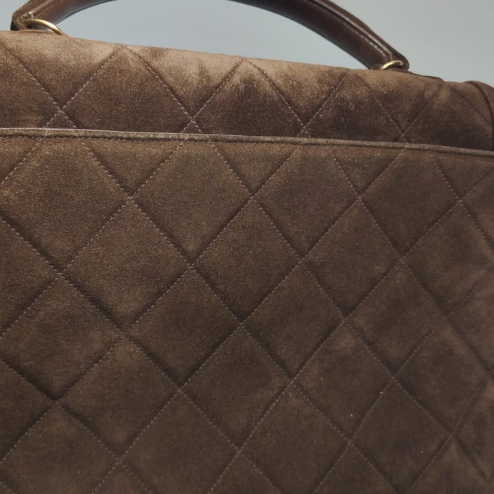 Chanel Large CC Quilted Suede Top Handle Flap Bag Brown Gold Hardware