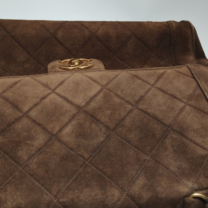 Chanel Large CC Quilted Suede Top Handle Flap Bag Brown Gold Hardware